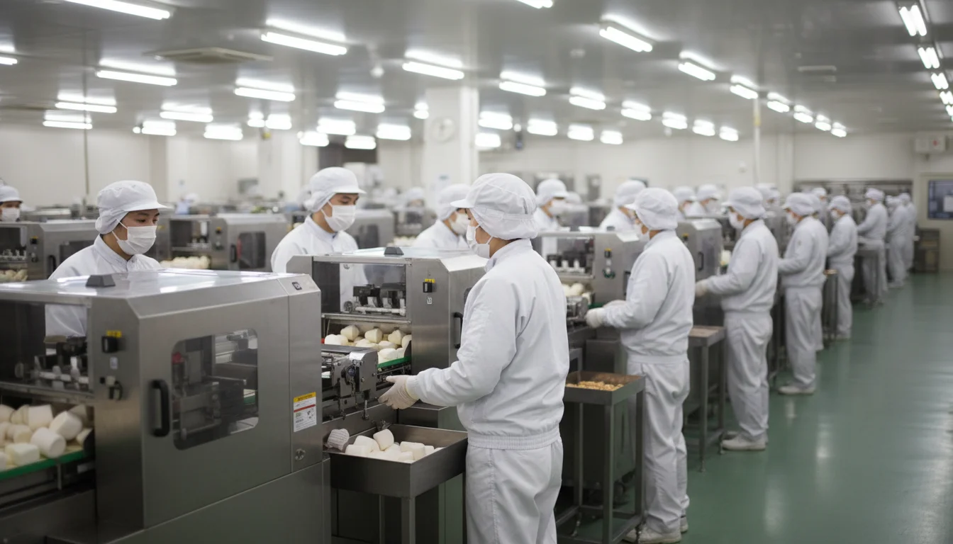 菓子製造工場の作業台と製造設備が見える製造現場