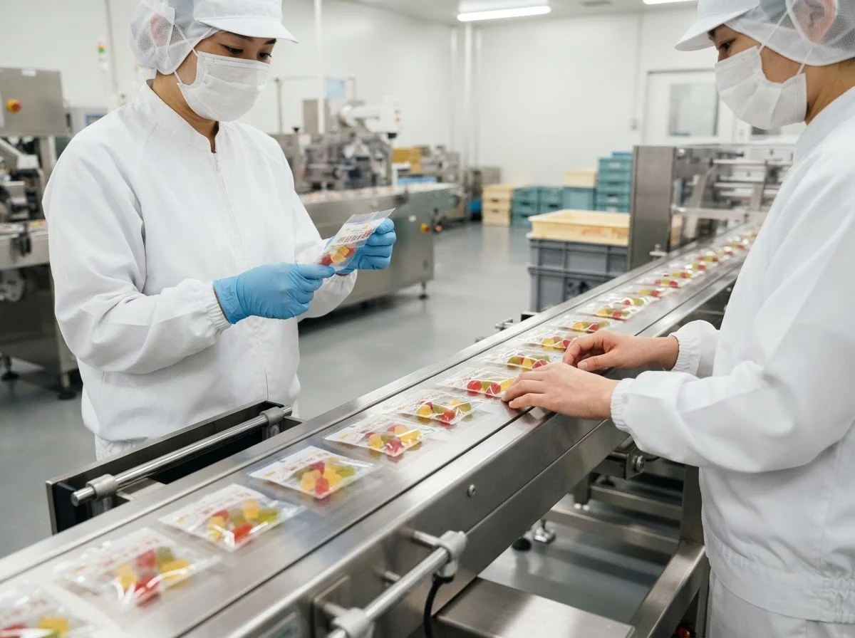 品質確認のために菓子を扱う作業者の手元