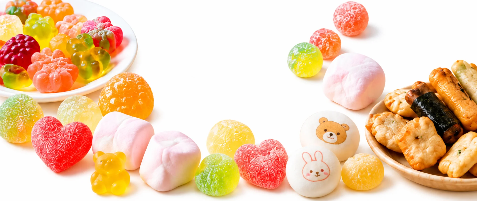 グミ・マシュマロ・米菓（おかき）が並ぶお菓子の集合写真